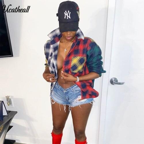 Oversize Plaid Colar Contrast Women Shirts Tops Long Sleeve Patchwork Spliced Shirt Streetwear Single Breasted Female Summer Top