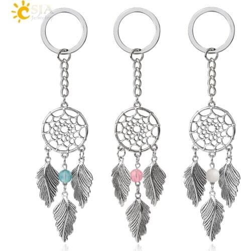 CSJA Silver-color Dreamcatcher Keychain Feather Leaf Dreamnet Catcher Keyholder Pink Blue White Bead Hanging Decoration 1pc G480