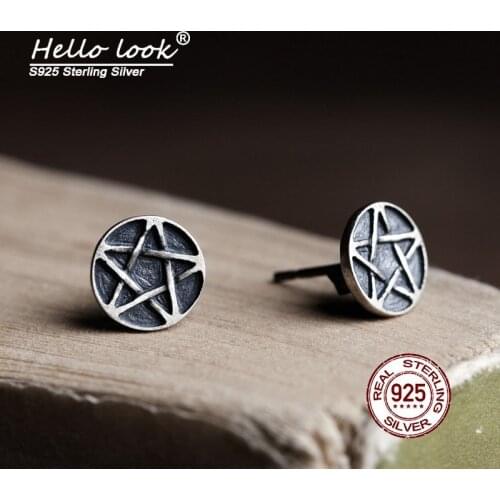 HelloLook 925 Sterling Silver Pentagram Carved Stud Earring Vintage Round Ear Pin Personality Earring Jewelry