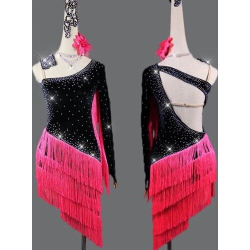 Rhinestone Latin Dance Dress Women Long Sleeve Fringe Dress Flamengo Salsa Dress Competition Dance Costume Latin Dress VDB121