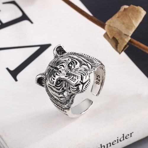 Domineering Silver Plated Tiger Head Rings for Women Mens Adjustable Finger Ring Animal Ring Male Punk Jewelry Accessories