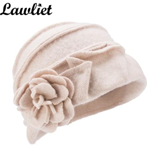 Lawliet Wool Hat Women Winter Hats Solid Floral Warm Knitted Ladies Beanies Skullies Bonnet Femme Bucket Cloche Winter Cap A376