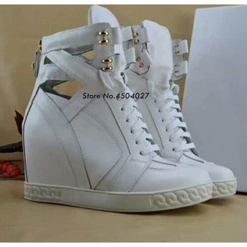 Spring Patchwork High Top Womens Wedges Heels Boots Hidden Heel Lace Up Casual Shoes Ladies Ankle Boots