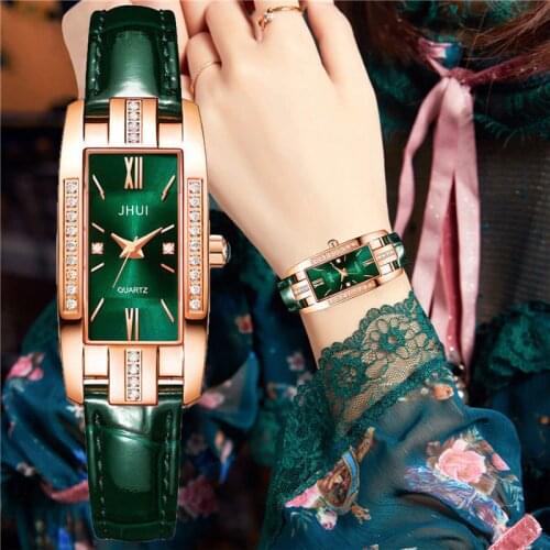 Small Green Watch Belt Roman Square Dial Ladies Quartz Watch