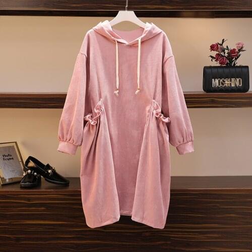 Large size womens 2021 spring dress new fat sister mm foreign corduroy hooded loose and thin belly covering dress