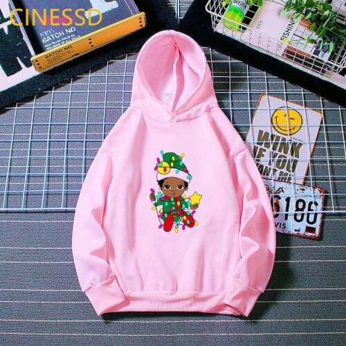Winter 2020 Christmas Hoodies Cute Afro American Little Black Girl Print Graphic Hooded Sweatshirts Kids Children Teen Clothes