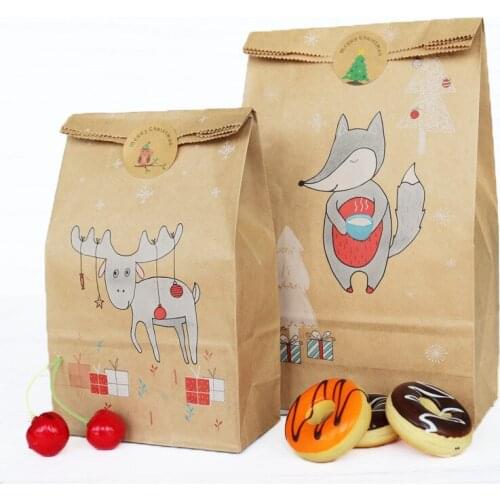12pcs Kraft Paper Cookies Packaging Bag Candy Bags Gifts Holders Seal Stickers Christmas Decorations Baking Shop Supplies