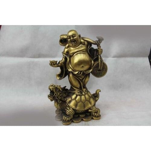 14"Chinese Brass Money drawing Stand Dragon Turtle Maitreya Buddha Statue