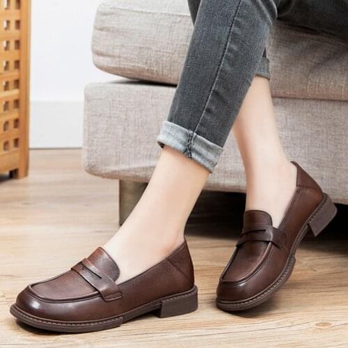 2021 Spring Fashion Women Genuine Leather Shoes Loafers Female Casual Shoes Soft Comfortable Shoes Retro Soft Bottom Women Flats