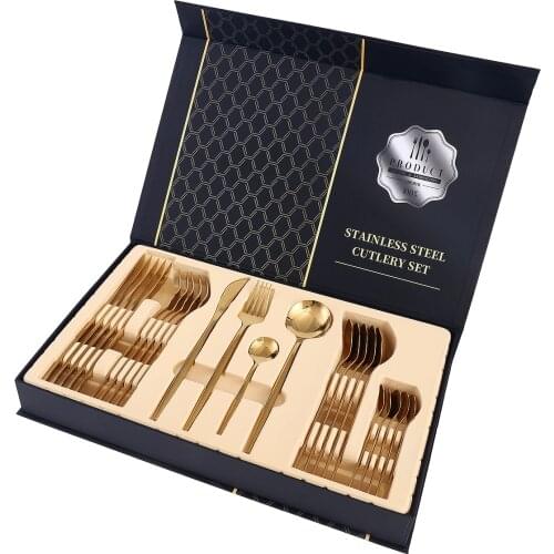 24pcs Gold Dinnerware Set Stainless Steel Frosted Luxury Tableware Home Knife Fork Spoon Gift Box Dishwasher Safe Cutlery Set