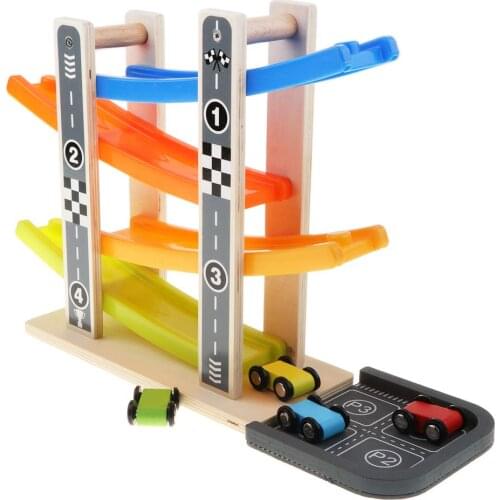 4- Layer Inertia Car Sliding Ramp Wooden Track Toys with 4 Race Cars for Kids Children Gift