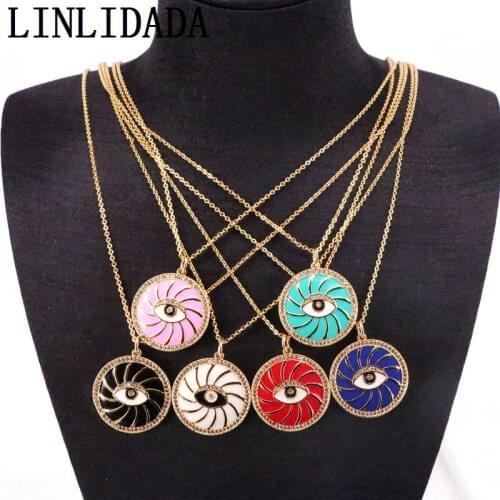 5Pcs, Gold Chain CZ Pave Enamel Eye Round Shape Jewelry For Women Collares Choker Necklace Colorful Charm