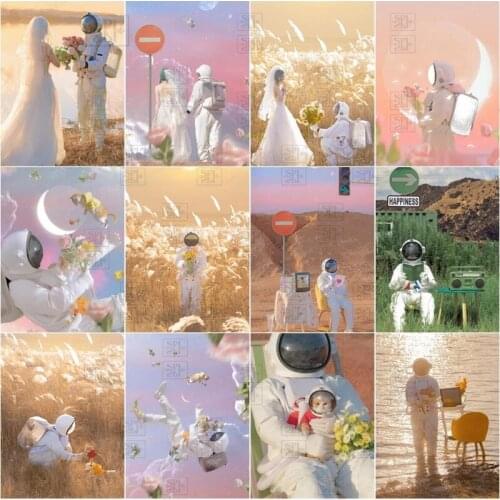 5D Diy Mosaic Astronaut Picture Rhinestone Diamond Painting Romantic Spaceman Scenery Cross Stitch Embroidery Holiday Gift Decor