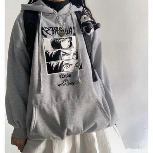 Anime Eyes Japanese Autumn Punk Streetwear Goth Hooded Sweatshirt Harajuku Oversize Womens Hoodies Tops 90s Vintage Y2k Clothes