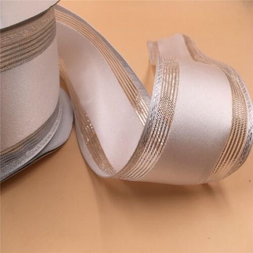 63MM 25YARDS Wired Edge GWhite Satin Ribbon with Silver Lurex stripes for Birthday Decoration Chirstmas Gift DIY Wrapping