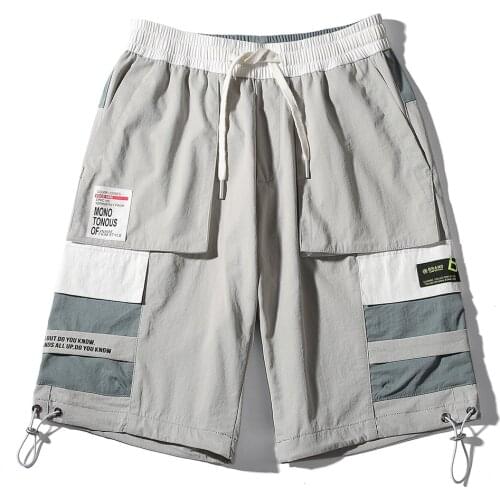 Beige Youth Loose Knee Length Pants Shorts Mens Sports Multi-Pocket Breathable Casual Patchwork Beach Vacation Summer Light