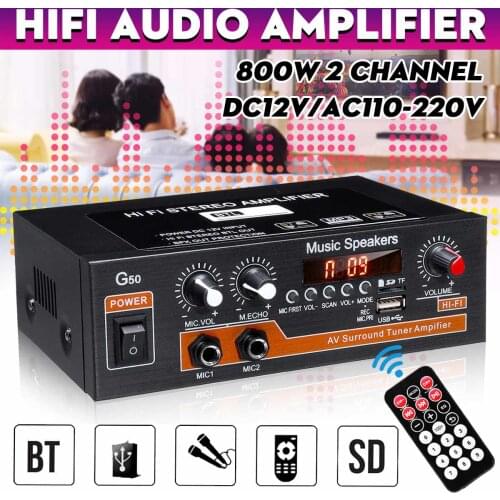 G50 800W 12V 110-220V Home Car Amplifiers 2 Channel bluetooth Surround Sound FM USB Remote Control HIFI Digital Amplifier Stereo
