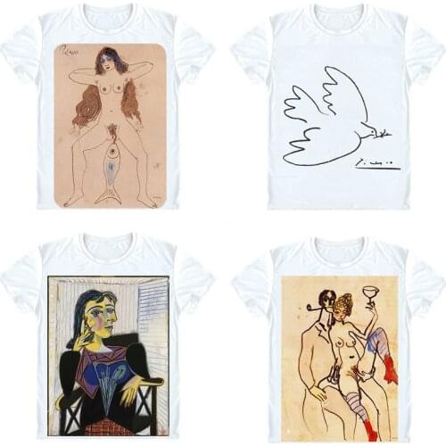 Pablo Picasso T-Shirts Short Sleeve Shirts Oil Painting The Mackerel A Rooster Dove of Peace The Absinthe Drinker Cosplay Shirt