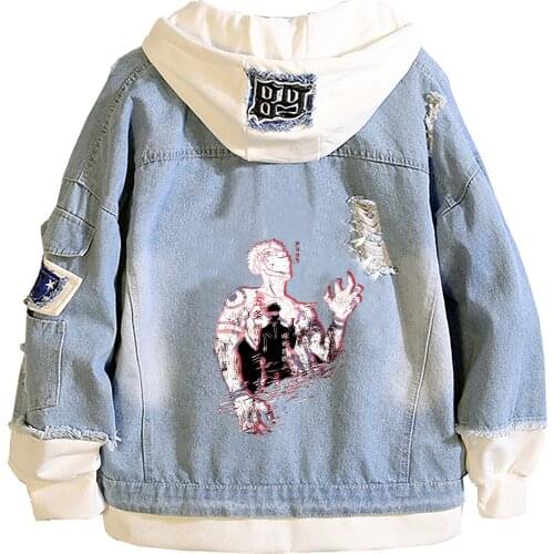Jujutsu Kaisen Cartoon Hoodies Couple Denim Jackets Plus Size Sweatshirt Jeans Streetwear Harajuku Anime Fake Two Pieces Coats