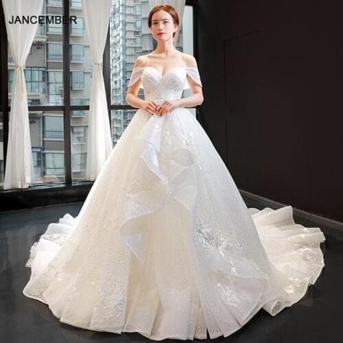 J66872 jancember wedding gowns for women 2019 off the shouder with train ruffles pleat a line wedding dress vestiti da sposa