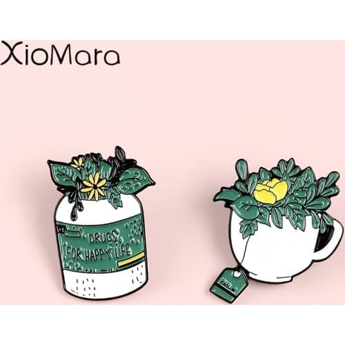 Drugs for Happy Life Enamel Pin Nature Green Plant Flowers Coffee Brooches Shirt Lapel Bag Green Badge Jewelry Gift for Friends