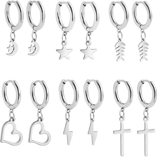 Punk Stainless Steel Small Round Hoops Earring For Women Men Simple Huggies Heart Star Moon Pendant Piercing Earring Jewelry