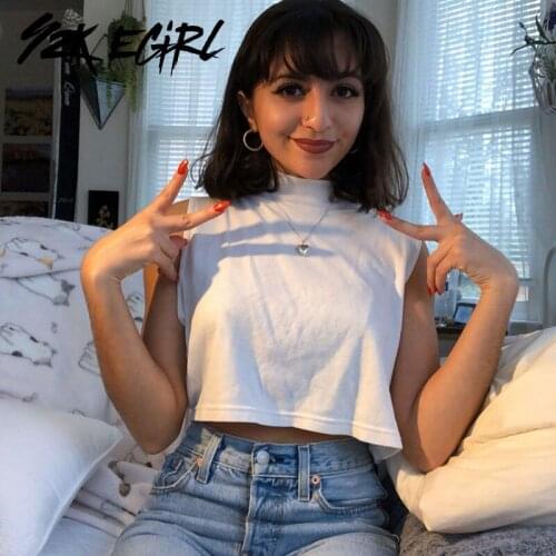 Y2K EGIRL Y2K Fashion Basic White Baby Tanks Casual Streetwear Stand Collar Sleeveless Cropped Tops 90s Vintage Outfits Loosed