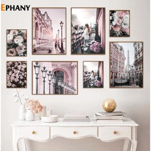 Fashion Pink Paris Street Tower Canvas Painting Art Rose Flower Girl Wall Pictures Nordic Posters and Prints for Womens Room
