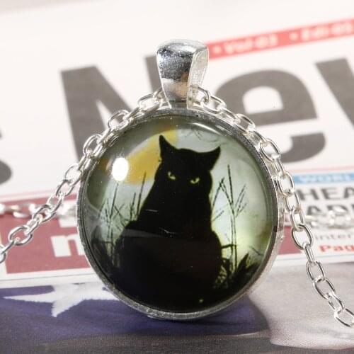 Fashion Cabochon Cat Necklace Silver Color Chain Choker Round Glass Black Cat Pendant Necklace For Women Men Pet Necklace Gift