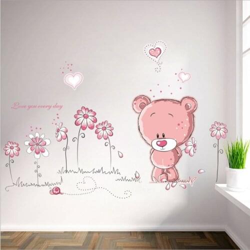 Cartoon cute pink lanimal bear flower baby children kids bedroom room decor wall stickers kids nursery decal sticker girl gift