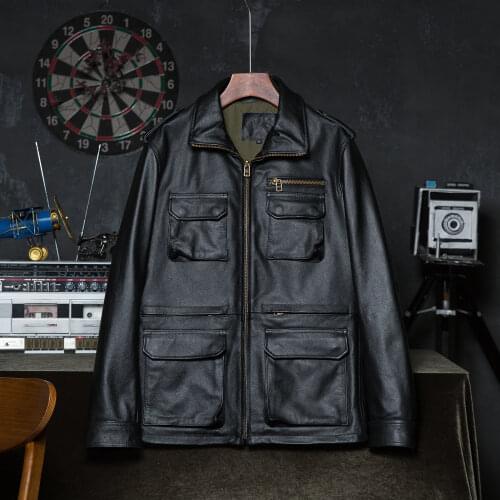 Men Leather Jacket Long M65 Military Clothing Natural Cowhide Mens Leather Coat Winter Asian Size M-6XL Wolesale Drop Shipping