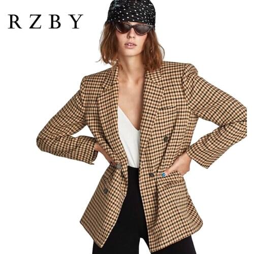 RZBY Autumn Elegant Leisure Fashion Business Loose Large Size Double Breasted Lapel OL Plaid Suit Jacket Cloth Uniform Blazer