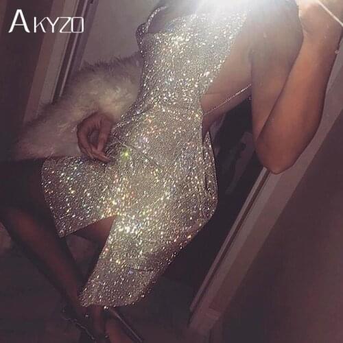 AKYZO 2021 Sexy See Through Shining Rhinestone Mini Dress Women Fashion Sequined Split Irregular Backless Nightclub Party Dress