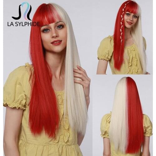 La Sylphide Synthetic Wig Long Straight Half Blonde Half Red Hair Wigs with Bangs for Women Cosplay Party Lolita Heat Resistant