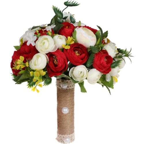 Red&Beige Bridesmaid Holding Wedding Bridal Artificial Silk Rose Flower Bouquet Home Party Table Decoration Wedding Accessories