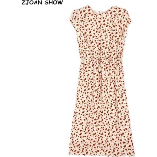 Vintage France Style Rose Flower Print Women Dress Elastic Waist Lacing up Short Sleeve Midi Calf Tea Dresses Slim Robe