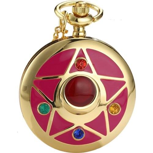 Japan Anime Cardcaptor Sakura Golden Pocket Watch Necklace Star Gemstone Design Pendant Chain Clock Women Beautiful Girls Gift