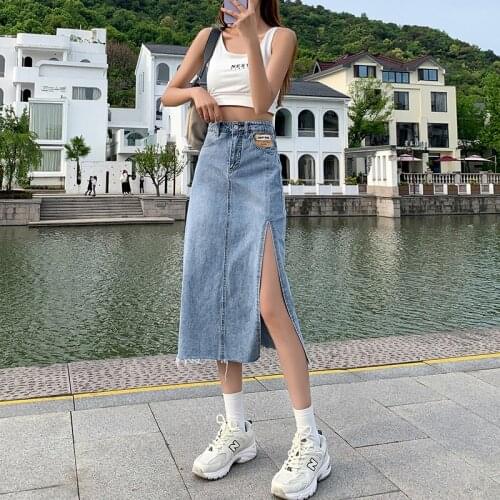 Women Side Split Long Denim Skirt for Korean Girls Style Fashion Trend Streetwear Female Clothes Teenage Sexy Jean Pencil Skirts