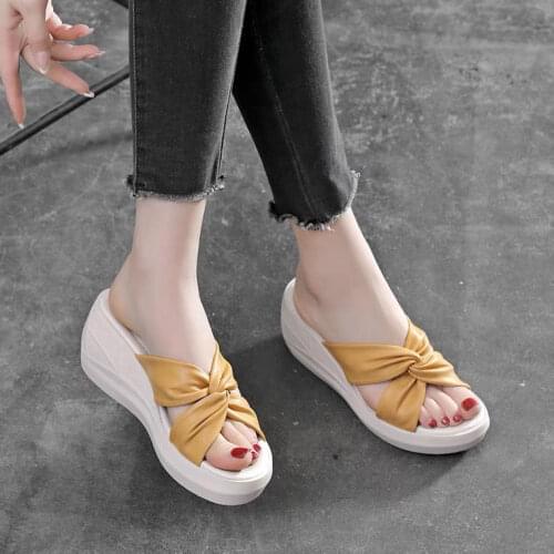 2021 Women Slipper Sandals Heels Wedges Platform Leather Peep toe Crystal Elegant Female Sandals Ladies Mules clogs Summer Shoes
