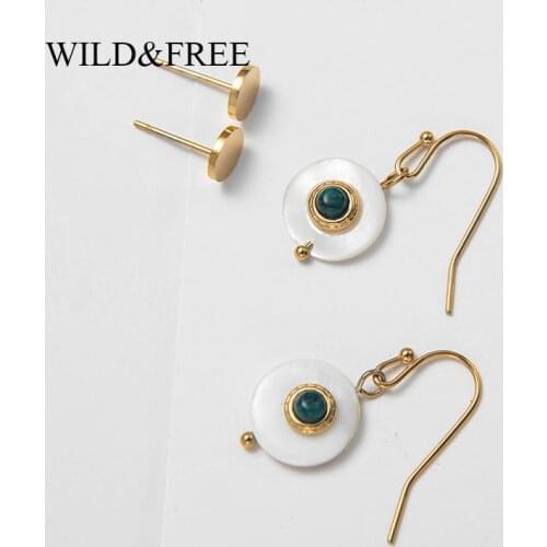 Wild&Free Minimalist Cute Round Dangle Earrings Set Stainless Steel Disc Shell Pendant With Natural Stone Earrings For Women