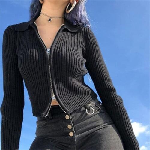 Striped zipper sweater New women autumn winter solid color wild short paragraph open navel lapel long-sleeve tide casual tops