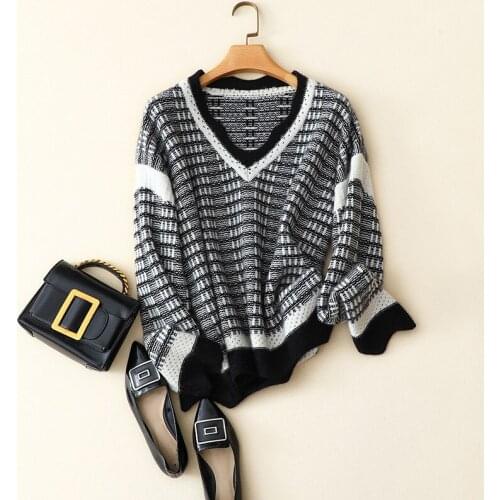 2020 new styles 100% pure cashmere winter sweaters women v neck striped knitwear fashion knit cosy loose pullovers