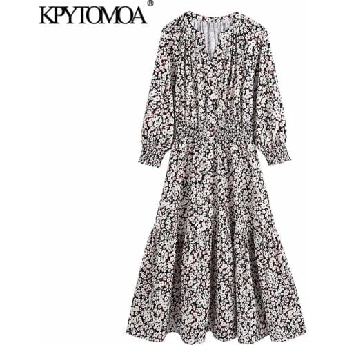 KPYTOMOA Women 2021 Fashion Floral Print Pleated Midi Dress Vintage Three Quarter Sleeve Elastic Waist Female Dresses Vestidos