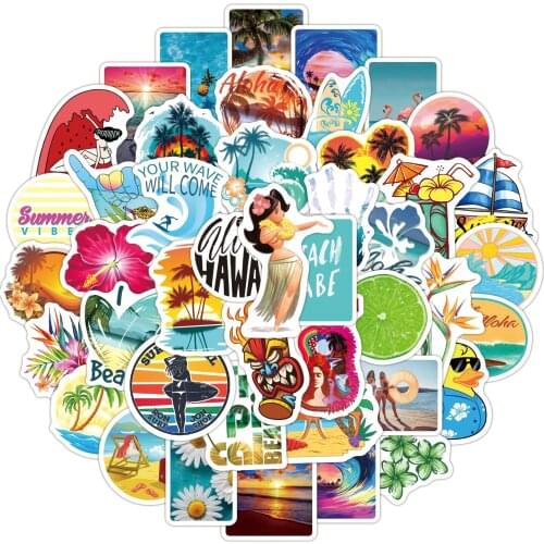 10/50PCS Summer Hawaii Beach Surfing Stickers Sports Tropical Vinyl Waterproof Sticker To DIY Surfboard Car Bike Travel Suitcase