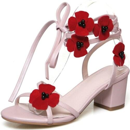 2020 New Open Toe sandals plus size 42 Lace Up Summer Shoes Med Heel Vacation Style Flower Sandals Sweet Comfortable Women shoes