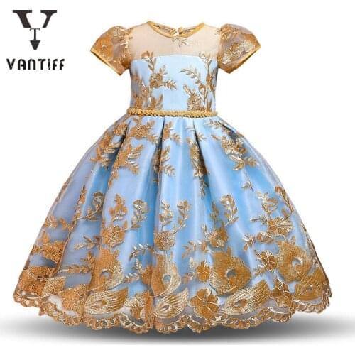 2021 New Style Princess Bouffant Dress for Girls Embroidered Flower Skirt Children Birthday Party Clothes Wedding Dresses