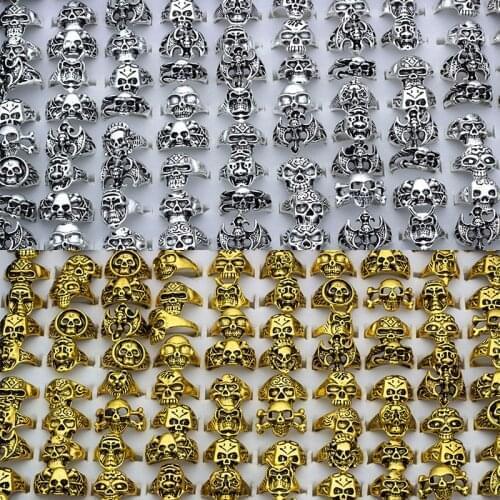 50 pcs Skull skeleton Rings Mens Womens unisex Exquisite vintage Silver Plated Punk Biker Fashion Jewelry Wholesale lots