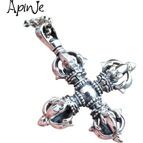 Apinje 925 Sterling Silver Necklace Pendant Personality Vajra Cross Pendnat Buddhist Culture Jewelry