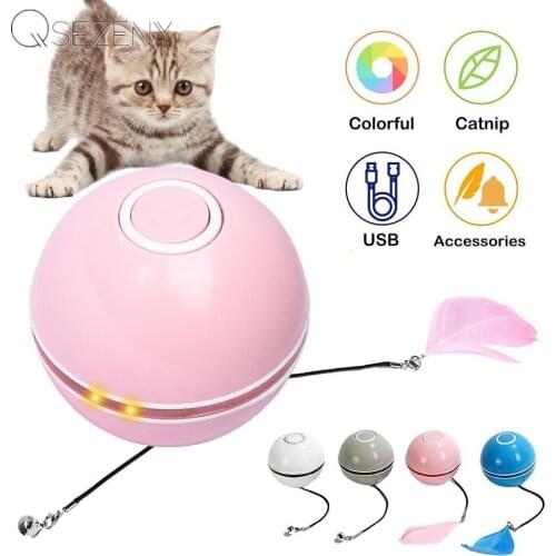 Automatic Smart Cat Toys Ball Interactive Catnip USB Rechargeable Self Rotating Colorful Led Feather Bells Toys for Cats Kitten