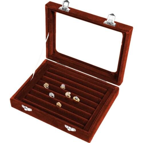 Brown 7 Slots Velvet Display Case Box Earring Ring Organizer Jewelry Tray Cufflink Storage Showcase with Clear Glass Lid